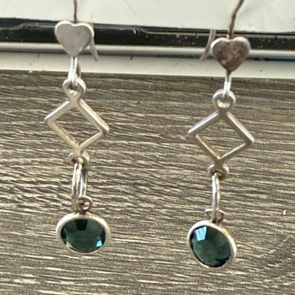 925 Sterling Silver Heart & Green Stone Dangle Earrings